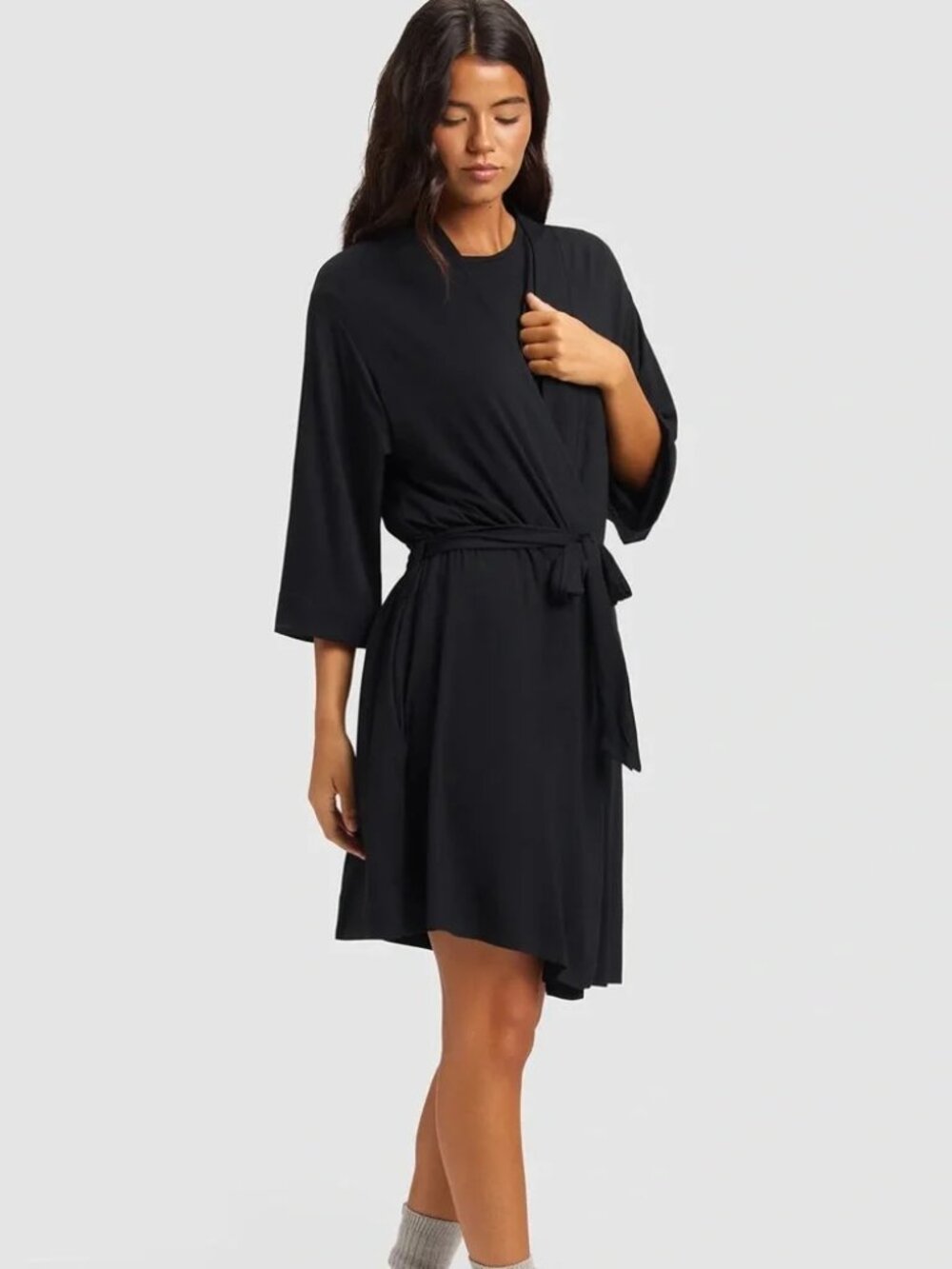 COZY EARTH Robe Womens Medium Black Bamboo Viscose Kimono Belted Lounge